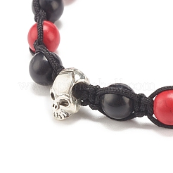 3Pcs 3 Color Round Synthetic Turquoise(Dyed) Braided Bead Bracelets Set with Alloy Skull&nbsp;BJEW-JB07863