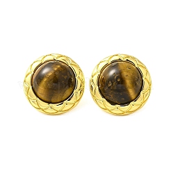 Brass Tiger Eye Stud Earrings&nbsp;EJEW-B120-05G-06
