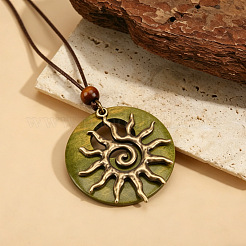 Wood Ring Brass Sun Pendant Adjustable Waxed Cord Necklaces&nbsp;WG3036C-01