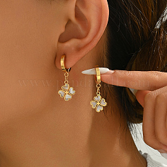 Elegant 201 Stainless Steel Acrylic Clover Hoop Earrings for Women Daily Wear, Golden, 33x13mm