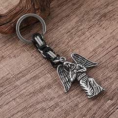 Vintage 304 Stainless Steel Angel Maria Keychains, with Split Key Rings & Byzantine Chains, Mixed Color, 75mm