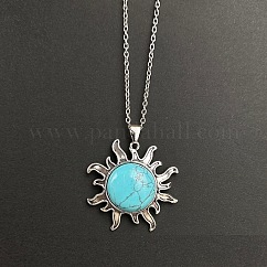Synthetic Turquoise Sun Pendant Alloy Chain Vintage Necklaces, Platinum, 19.69 inch(50cm)