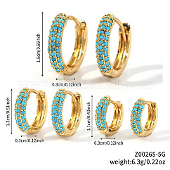 Elegant Brass Pave Cubic Zirconia Hoop Earrings, Ring Shape, Golden, Turquoise, 15~11x3mm