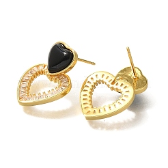 Brass Cubic Zirconia & Black Agate Stud Earrings&nbsp;EJEW-M048-03G