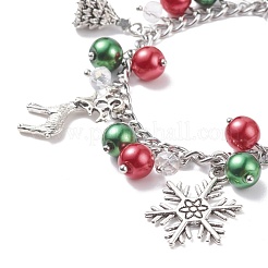 Christmas Gift Box & Tree & Snowflake & Reindeer Alloy Charm Bracelet with Glass Pearl&nbsp;BJEW-TA00097
