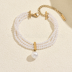 Natural Freshwater Pearl Round Charm Multi-strand Bracelets with 201 Stainlee Steel End Chains&nbsp;UK4868