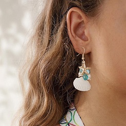 Shell Pearl & Glass & Starfish Cluster Dangle Earrings&nbsp;EJEW-TA00208