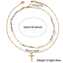 304 Stainless Steel Cross Pendant Paux Pearl & Glass & Natural Mixed Stone Beaded Double Layer Necklaces for Women&nbsp;RM5480