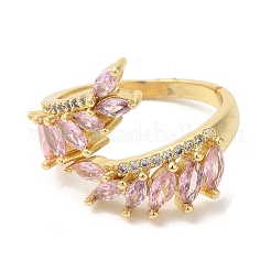 Leaf Brass Micro Pave Cubic Zirconia Open Cuff Rings&nbsp;RJEW-U008-05C-G