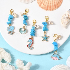 5Pcs Ocean Synthetic Turquoise & Shell & Alloy Enamel Pendant Decorations&nbsp;HJEW-YW00108
