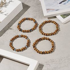 Natural Wood & Synthetic Hematite Round Beaded Stretch Bracelet for Women&nbsp;BJEW-JB09148