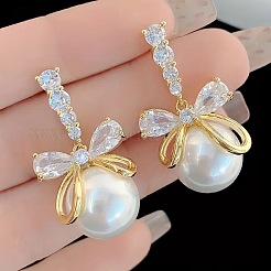 Bowknot with Round Alloy Micro Pave Clear Cubic Zirconia Dangle Stud Earrings&nbsp;FS-WG257E1-01