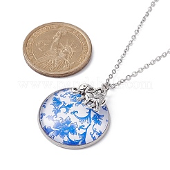Steel Blue Glass Flat Round & Alloy Pendant Necklace&nbsp;NJEW-JN04453-02