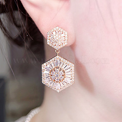 Hexagon Brass Micro Pave Clear Cubic Zirconia Dangle Stud Earrings&nbsp;FS-WG2FD98-01