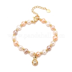 Brass Micro Pave Cubic Zirconia Flat Round Charms Bracelets&nbsp;BJEW-D447-04G-01