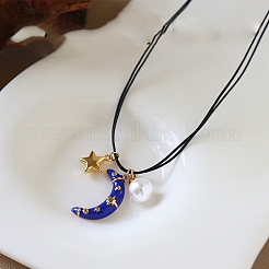 Brass Enamel Blue Crescent Moon Pendant Black Imitation Leather Cord 2-Strand Necklaces for Women&nbsp;WG612AC-01
