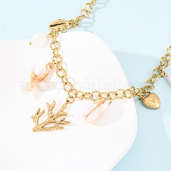 304 Stainless Steel Coral Shape & Resin Shell & Plastic Imitation Pearl Pendant Necklaces for Women&nbsp;NJEW-F352-01G