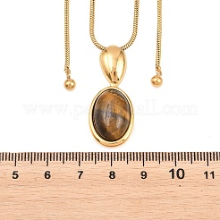 304 Stainless Steel Natural Tiger Eye Oval Pendant Round Snake Chain Slider Long Necklaces&nbsp;NJEW-D326-04G