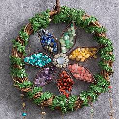 7 Chakra Natural & Synthetic Gemstone Chips Wreath Hanging Suncatchers&nbsp;HJEW-F023-04