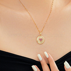 Elegant Fashion Brass Clear & Hot Pink Cubic Zirconia Circle Heart Pendant Necklaces for Women&nbsp;RR6975-1