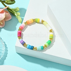 Polymer Clay Disc & Alloy Round Beaded Stretch Bracelet&nbsp;BJEW-JB09638-01