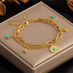 304 Stainless Steel Synthetic Turquoise Beads Double Layers Bracelets&nbsp;FS-WGDB07B-01