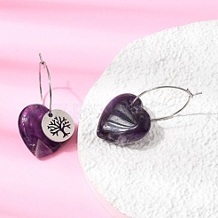 Natural Amethyst & 304 Stainless Steel Hoop Earrings for Women&nbsp;EJEW-G475-05P-06
