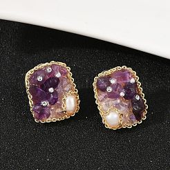Rectangle Brass Natural Freshwater Pearl Stud Earrings&nbsp;EJEW-U072-03G