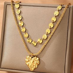 304 Stainless Steel Heart Pendant Flat Sequin Chain Double Layer Necklaces for Women&nbsp;NJEW-F343-03G