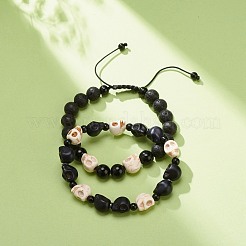 2Pcs 2 Style Natural Lava Rock & Mixed Gemstone Skull Braided Bead Bracelets Set&nbsp;BJEW-JB08381