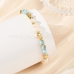 2Pcs 2 Styles Natural Lapis Lazuli and Larimar Faceted Cube Beaded Bracelet Sets with Natural Pearl for Women&nbsp;BJEW-JB14475