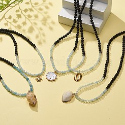 Natural Aquamarine & Lava Rock Beaded Necklace with Brass Charm&nbsp;NJEW-JN03997