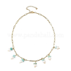 Natural Amazonite Chip and Pearl Tassel 304 Stainless Steel Paperclip Chain Necklaces for Women&nbsp;NJEW-JN06528-03