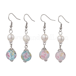 Round Natural Cultured Freshwater Pearl & Lampwork Dangle Earrings&nbsp;EJEW-JE06881