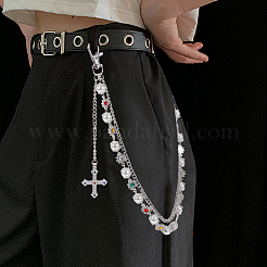 1Pc Alloy Colorful Rhinestone Flower & Plastic Pearl Link Chain Double Layer Pants Chains&nbsp;AJEW-GF0012-74