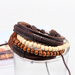 Adjustable Braided Leather Cord Wooden Beaded Multi-strand Bracelets&nbsp;BJEW-P0001-15