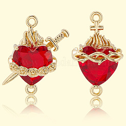 6Pcs 2 Styles Brass FireBrick Cubic Zirconia Rose Heart with Sword/Sacred Heart of Jesus Connector Charms&nbsp;KK-BBC0020-10