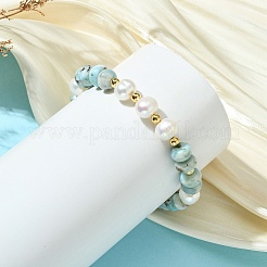 Natural Larimar Rondelle and Natural Cultured Freshwater Pearl Beaded Bracelets with Brass Round Beads&nbsp;BJEW-JB14417