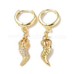 Clear Cubic Zirconia Crown with Horn of Plenty/Italian Horn Cornicello Dangle Hoop Earrings&nbsp;EJEW-B017-23G