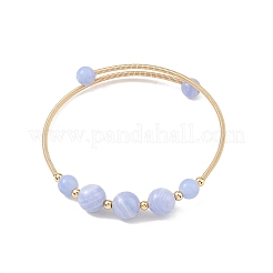 Natural Blue Lace Agate Round Graduated Beaded Brass Cuff Bangles&nbsp;BJEW-JB14463-02