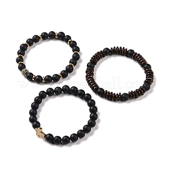 3Pcs Natural Dyed & Heated Black Agate and Coconut Beads Stretch Bracelets Set&nbsp;BJEW-JB08933