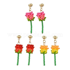 3Pairs 304 Stainless Steel Rose Glass Seed Beaded Dangle Stud Earrings&nbsp;EJEW-MZ00333