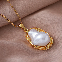 Vintage 304 Stainless Steel & Imitaiton Irregular Pearl Pendant Necklaces for Women&nbsp;LS-UB6404