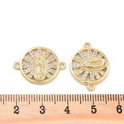Rack Plating Brass Micro Pave Clear Cubic Zirconia Flat Round Connector Charms&nbsp;LS-KK-C063-20G
