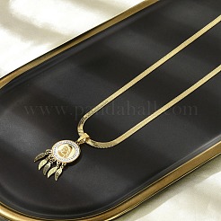 201 Stainless Steel Clear Cubic Zirconia Flat Round Virgin with Feather Pendant Necklaces&nbsp;NJEW-H055-02G