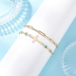 304 Stainless Steel Paperclip Chain & Handmade Lampwork Evil Eye Link Chain Double Layer Stackable Necklaces for Women&nbsp;BJEW-JB12451-01