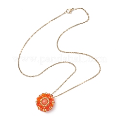 Dyed Natural Mashan Jade & Glass Seed Beaded Flat Round Pendant 304 Stainless Steel Cable Chain Necklaces&nbsp;NJEW-MZ00129-04