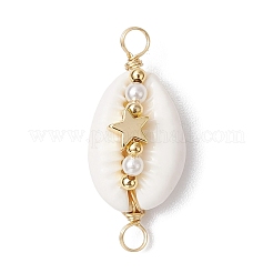 3Pcs 3 Styles Natural Cowrie Shell Copper Wire Wrapped Moon & Heart & Star Brass Beads Links&nbsp;PALLOY-JF02941