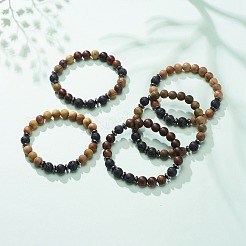 Natural Lava Rock & Wood Beaded Stretch Bracelet&nbsp;BJEW-JB08535-02