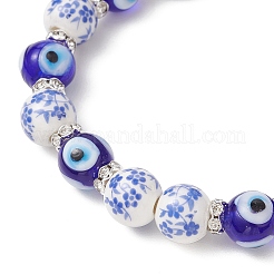 Handmade Flower Printed Porcelain Ceramic & Handmade Lampwork Evil Eye Beads Stretch Bracelets for Women&nbsp;BJEW-JB12105-04